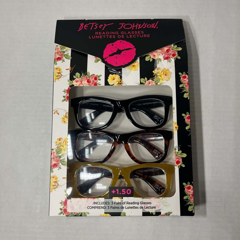 Betsey Johnson 3 Pack Reading Glasses +1.50 New In Box Black, Tortoise, Yellow